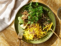 savoury grain bowl, buckwheat, beetroot,  avocado and fresh herbs
