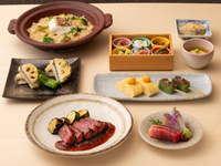 飲み放題付き【華（はな）コース〜】鮮魚のお刺身、出汁巻き玉子と生麩田楽、黒毛和牛の炙り、鯛の羽釜ご飯など全8皿