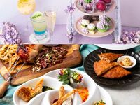 [Lunch & Afternoon] "Falling in Love with the Rain" Hydrangea Afternoon Tea with Sweets! 8 dishes in 5 plates, including Grilled Beef Skirt Steak & Chicken Thigh Churrasco with Cheese Risotto.