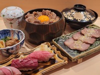 3 pieces of chef's choice beef sushi and A5 Sendai beef sukiyaki rice bowl + grilled beef tongue with green onions and salt