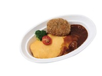 Chicken Omelet Rice with Pineapple Hashed Beef Sauce and Minced Meat Croquettes