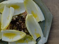 Benifuji salmon rillettes with soy sauce lees and chicory topping