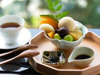 Fruit Anmitsu /sweet potato, candied chestnuts, roasted green tea agar jelly ＋ roasted green tea (90-min. seating)