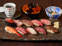 Assortment of 10 pieces of seasonal seafood and carefully selected Wagyu beef sushi