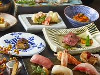 Limited to March and April [Extreme Sushi Kaiseki] "Small bowl of fatty tuna and tuna, three Edomae sushi pieces, and A5 Wagyu beef steak" & "Foie gras tempura // Small hot pot of Wagyu beef and Sakura sea bream in Japanese dashi stock" 6,818 yen (excluding tax)