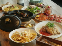 【DINNER】シェアコース＋180分フリーフロー付き　ムール貝の白ワイン蒸しや茶美豚のポークミラネーゼなど全7品