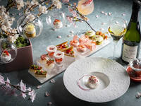 Strawberry and Cherry Blossom High Tea on the Cherry Blossom Terrace at Night, with a glass of Telmont Champagne