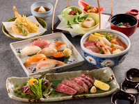 Charcoal grilled Hokkaido beef and raw sushi set