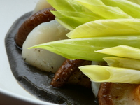Hokkaido scallops and shiitake mushrooms, baba ghanoush and urui (a type of wild vegetable).