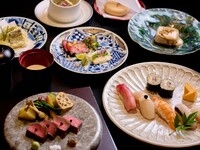 Private room overlooking the garden: [Garden Chef's Choice Course] 'Grilled Wagyu Beef on Lava Stone & 5 Pieces of Edomae Sushi' 9 dishes in total. Special weekday price: 7,700 yen (tax included)