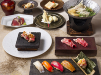 【江戸前鮨 周年コース】『瀬戸内はも小鍋と近江牛の炙り肉鮨』＆選べる食事！『とろたく入り江戸前鮨5種 or 鰻の釜飯ひつまぶし』4800(税抜)