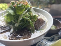 Pho with a mountain of Kyujo green onions and beef bone broth infused with charcoal smoke