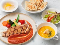 Spiced roast Yosakoi oyaji chicken with Kōchi vegetables, yogurt sauce and tomato sauce